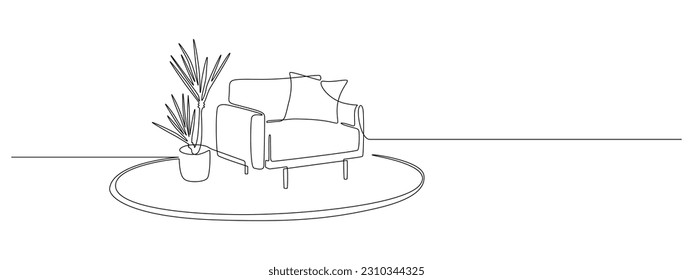 Eine durchgehende Zeichnung von Sessel und Topfpflanze auf Teppich. Stilvolles Mobiliar für Wohn- und Büroräume im einfachen linearen Stil. Bearbeitbarer Strich. Vektorgrafik