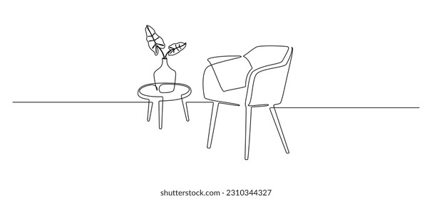 One continuous Line drawing of armchair and table with plant. Modern furniture for living and office room interior in simple linear style. Editable stroke. Doodle vector illustration