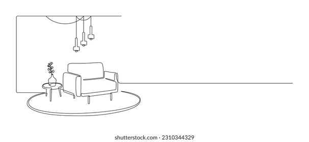 One continuous Line drawing of armchair and hanging lamps and plant on table. Stylish furniture for living and office room interior in simple linear style. Editable stroke. Vector illustration - Shutterstock ID 2310344329