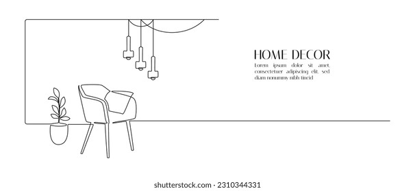 One continuous Line drawing of armchair and chandelier lamp and potted plant. Stylish furniture for living and office room interior in simple linear style. Editable stroke. Doodle vector illustration