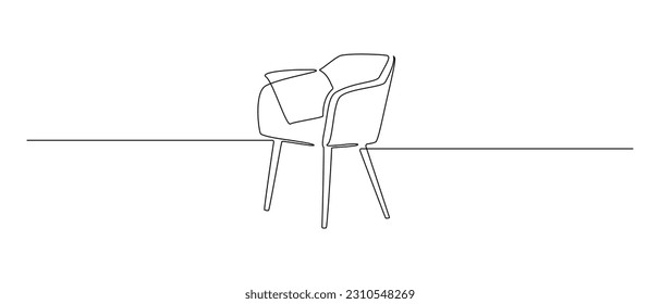 One continuous Line drawing of armchair. Stylish furniture chair for living and office room interior in simple linear style. Editable stroke. Doodle vector illustration