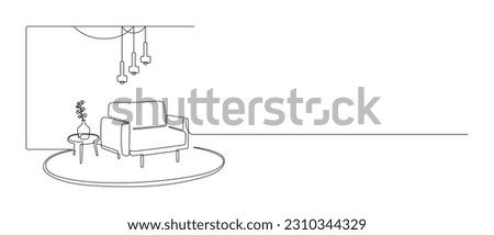 One continuous Line drawing of armchair and hanging lamps and plant on table. Stylish furniture for living and office room interior in simple linear style. Editable stroke. Vector illustration