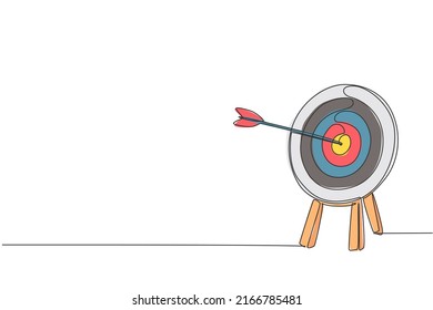 One Continuous Line Drawing Of Arrow Was Shot Bullseye To Archery Target Board. Archery Sport Equipment Concept. Dynamic Single Line Draw Design Graphic Vector Illustration