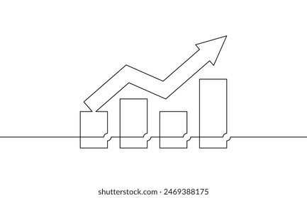 One continuous line drawing of arrow up. Illustration vector of graph. Single line art of bar chart. Flat icon of increasing arrow. Business growth sign symbol
