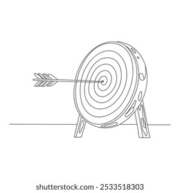 One continuous line drawing of arrow was shot bullseye to the archery target board. Archery sport equipment concept Goal achieving. Business success strategy symbol.