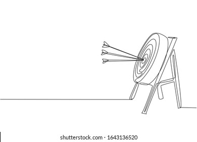 One continuous line drawing of arrows was shot bullseye to archery target, side view. Archery sport training and exercising concept. Dynamic single line draw graphic design vector illustration