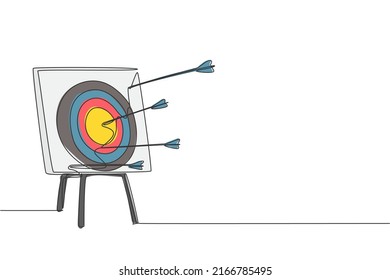 One continuous line drawing of arrows was shoot to an archery target board. Archery sport training and exercising concept. Dynamic single line draw design vector graphic illustration