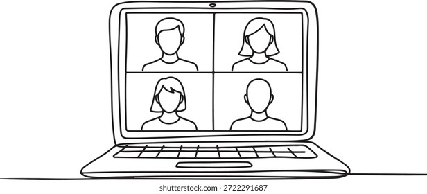 One continuous line drawing art of a laptop with a video conference call on screen. Modern single line art drawing of people meeting online, remote work, or virtual education. Four individuals visible in a grid layout on the display for communication and collaboration. Minimalist black line drawing on transparent background.
