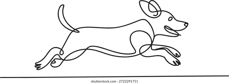 Uma linha contínua desenhando a arte de um cão brincalhão correndo alegremente. Moderna linha única arte desenho de um animal de estimação alegre em movimento, transmitindo energia e alegria. Linha preta minimalista desenho sobre fundo transparente, perfeito para temas de animais, animais de estimação, felicidade e estilos de vida ativos.