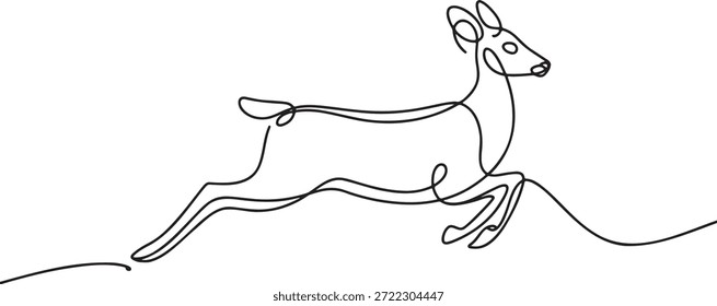Uma linha contínua desenhando a arte de um veado gracioso saltando sobre terreno irregular. Desenho artístico moderno de uma única linha de um animal selvagem em uma pose dinâmica, representando liberdade, agilidade e beleza natural. Linha preta minimalista desenhada sobre fundo transparente, ideal para a vida selvagem, natureza e temas ao ar livre.