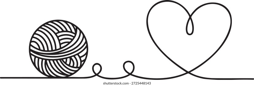 Um desenho de linha contínua arte de skein de fio ou lã e fio formando uma forma de coração representa artesanal hobby artesanal paixão e criação têxtil malha processo de costura