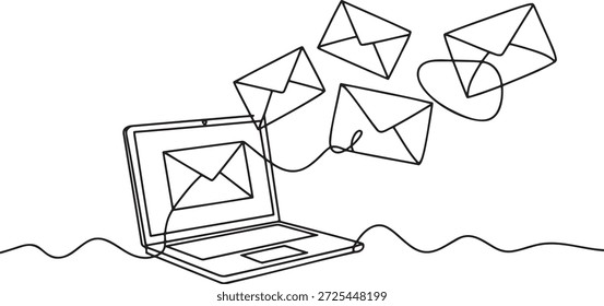 One continuous line drawing art of opened notebook personal computer and flying envelopes electronic messages coming out of display illustrates modern concept of digital mailing email marketing correspondence and technology