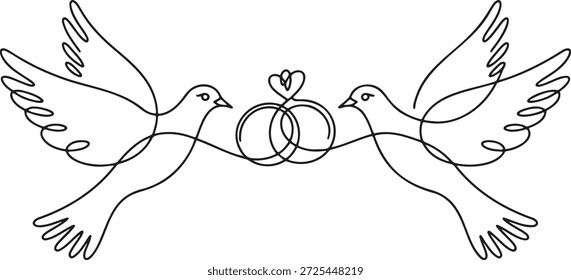 Eine durchgehende Linie Zeichnung Kunst von zwei fliegenden Tauben halten Eheringe mit Herzform oben symbolisiert dauerhaftes Engagement für einander minimalistischen Stil Grafik-Design perfekt für Hochzeit Einladungskarten oder Jubiläumsfeiern
