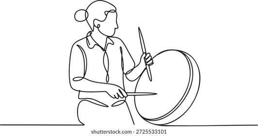 Ein durchgehendes Strichzeichnerwerk eines männlichen Musikers, der eine Trommel spielt. Einzeilige Vektorkunst, minimalistisches Design, Musik, Rhythmus, Klang, Performance, Kultur, Tradition, Perkussion, Unterhaltung, Live-Musik, künstlerischer Ausdruck, Melodie, Musiker, männlicher Künstler, handgezeichnet, Kontur, Silhouette, einzeln auf transparentem Hintergrund.