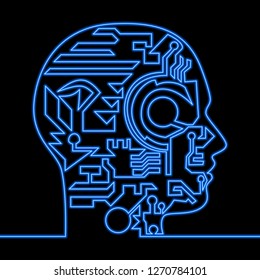 One continuous line drawing Artificial intelligence Neon human head neon blue glow vector illustration concept