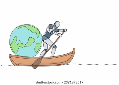 One continuous line drawing artificial robot standing in boat and sailing with earth globe. Taking trip around the world by ship. Tourism or travelling. Single line graphic design vector illustration