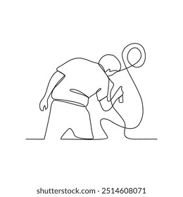 Um desenho de linha contínua de um artista é a pintura em uma parede. ilustração vetorial. Temas de arte projetam vetor em ilustração de conceito linear simples. Bom recurso de design para apresentação educacional.