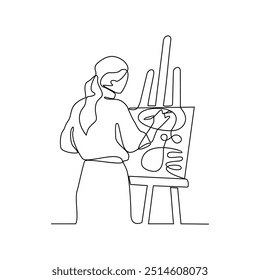 One continuous line drawing of an artist is painting on a canvas vector illustration. Art themes design vector in simple linear concept illustration. Good design asset for education presentation.