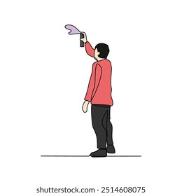 Um desenho de linha contínua de um artista é a pintura em uma parede. ilustração vetorial. Temas de arte projetam vetor em ilustração de conceito linear simples. Bom recurso de design para apresentação educacional.
