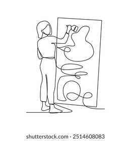 Um desenho de linha contínua de um artista é a pintura em uma parede. ilustração vetorial. Temas de arte projetam vetor em ilustração de conceito linear simples. Bom recurso de design para apresentação educacional.