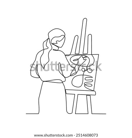 One continuous line drawing of an artist is painting on a canvas vector illustration. Art themes design vector in simple linear concept illustration. Good design asset for education presentation.