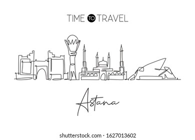 One continuous line drawing of Astana city skyline, Kazakhstan. Beautiful landmark. World landscape tourism travel vacation poster. Editable stylish stroke single line draw design vector illustration