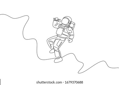 One continuous line drawing of astronaut singer with spacesuit singing a song in galaxy universe. Outer space music concert and orchestra concept. Dynamic single line draw design vector illustration