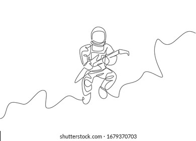 One continuous line drawing of astronaut with spacesuit playing electric guitar in galaxy universe. Outer space music concert concept. Dynamic single line draw graphic design vector illustration