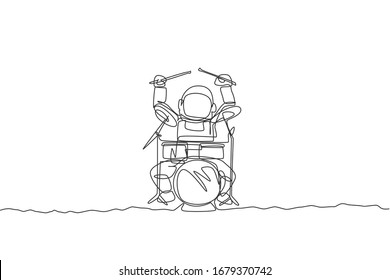 One continuous line drawing of astronaut drummer with spacesuit playing drum in moon surface. Outer space music concert concept. Dynamic single line draw design vector illustration graphic