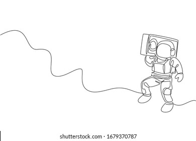 One continuous line drawing astronaut with spacesuit playing radio on shoulder in galaxy universe. Outer space music concert and orchestra concept. Single line draw design graphic vector illustration