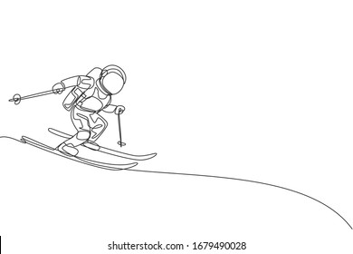 One continuous line drawing of astronaut skiing in deep space galaxy. Spaceman healthy fitness sport concept. Dynamic single line draw design vector graphic illustration