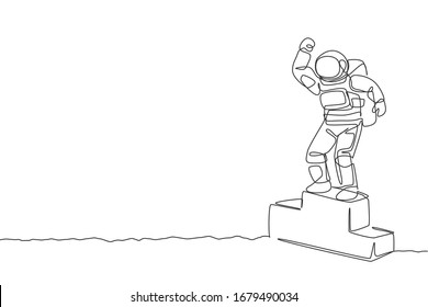 One continuous line drawing of astronaut standing on first place podium in deep space galaxy. Spaceman healthy fitness sport concept. Dynamic single line draw design vector graphic illustration