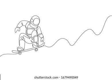 One continuous line drawing of astronaut riding skateboard in deep space galaxy. Spaceman healthy fitness sport concept. Dynamic single line draw graphic design vector illustration