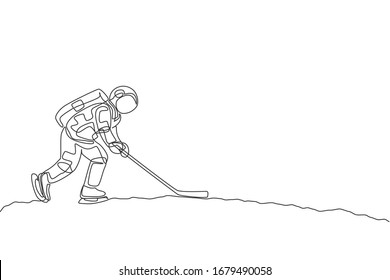 One continuous line drawing of astronaut training ice hockey on moon surface, deep space galaxy. Spaceman healthy fitness sport concept. Dynamic single line draw design graphic vector illustration