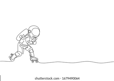 One continuous line drawing of astronaut using roller skates on moon surface, deep space galaxy. Spaceman healthy fitness sport concept. Dynamic single line draw design vector graphic illustration