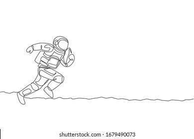 One continuous line drawing of astronaut practicing American football in deep space galaxy. Spaceman healthy fitness sport concept. Dynamic single line draw design vector illustration graphic