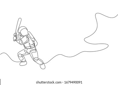 One continuous line drawing of astronaut playing baseball in deep space galaxy. Spaceman healthy fitness sport concept. Dynamic single line draw graphic design vector illustration
