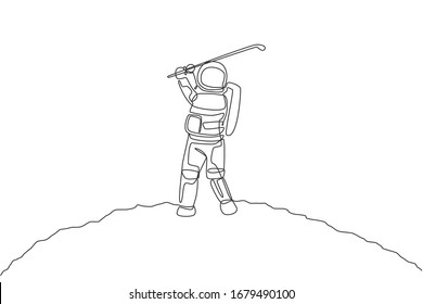 One continuous line drawing of astronaut golf training on moon surface, deep space galaxy. Spaceman healthy fitness sport concept. Dynamic single line draw design vector graphic illustration