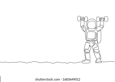 One continuous line drawing of astronaut exercising lifting dumbbell in moon cosmic galaxy. Outer space sport and lifestyle concept. Dynamic single line draw graphic design vector illustration