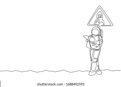 One continuous line drawing of astronaut standing and leaning to sign board while reading newspaper in moon surface. Space man deep space concept. Dynamic single line draw design vector illustration