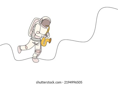 Un astronauta de trazado continuo con espacio tocando saxofón en el universo de la galaxia. Concierto musical y concepto de orquesta en el espacio ultraterrestre. Ilustración gráfica de diseño de trazos de línea única dinámica