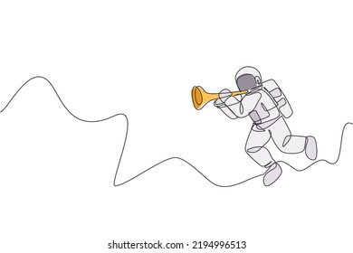 One continuous line drawing of astronaut with spacesuit playing trumpet in galaxy universe. Outer space music concert and orchestra concept. Dynamic single line draw design vector graphic illustration