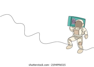 One continuous line drawing astronaut with spacesuit playing radio on shoulder in galaxy universe. Outer space music concert and orchestra concept. Single line draw design graphic vector illustration
