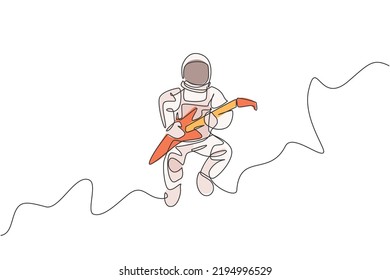 One continuous line drawing of astronaut with spacesuit playing electric guitar in galaxy universe. Outer space music concert concept. Dynamic single line draw graphic design vector illustration