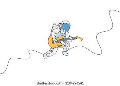 One continuous line drawing of astronaut with spacesuit playing acoustic guitar in galaxy universe. Outer space music concert concept. Dynamic single line draw design vector graphic illustration