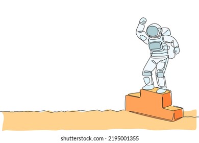 One continuous line drawing of astronaut standing on first place podium in deep space galaxy. Spaceman healthy fitness sport concept. Dynamic single line draw design vector graphic illustration