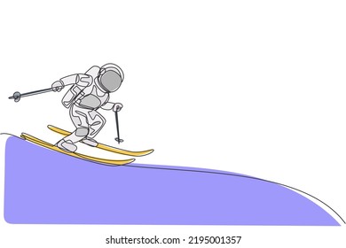 One continuous line drawing of astronaut skiing in deep space galaxy. Spaceman healthy fitness sport concept. Dynamic single line draw design vector graphic illustration