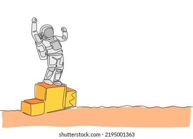 One continuous line drawing of astronaut standing on first place podium. Deep space galaxy. Spaceman healthy fitness sport concept. Dynamic single line draw design vector illustration graphic