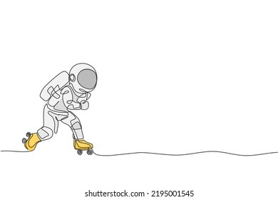 One continuous line drawing of astronaut using roller skates on moon surface, deep space galaxy. Spaceman healthy fitness sport concept. Dynamic single line draw design vector graphic illustration