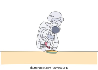 One continuous line drawing of astronaut chef pouring delicious seasoning into dish for dinner. Healthy cuisine food menu on restaurant concept. Dynamic single line draw design vector illustration